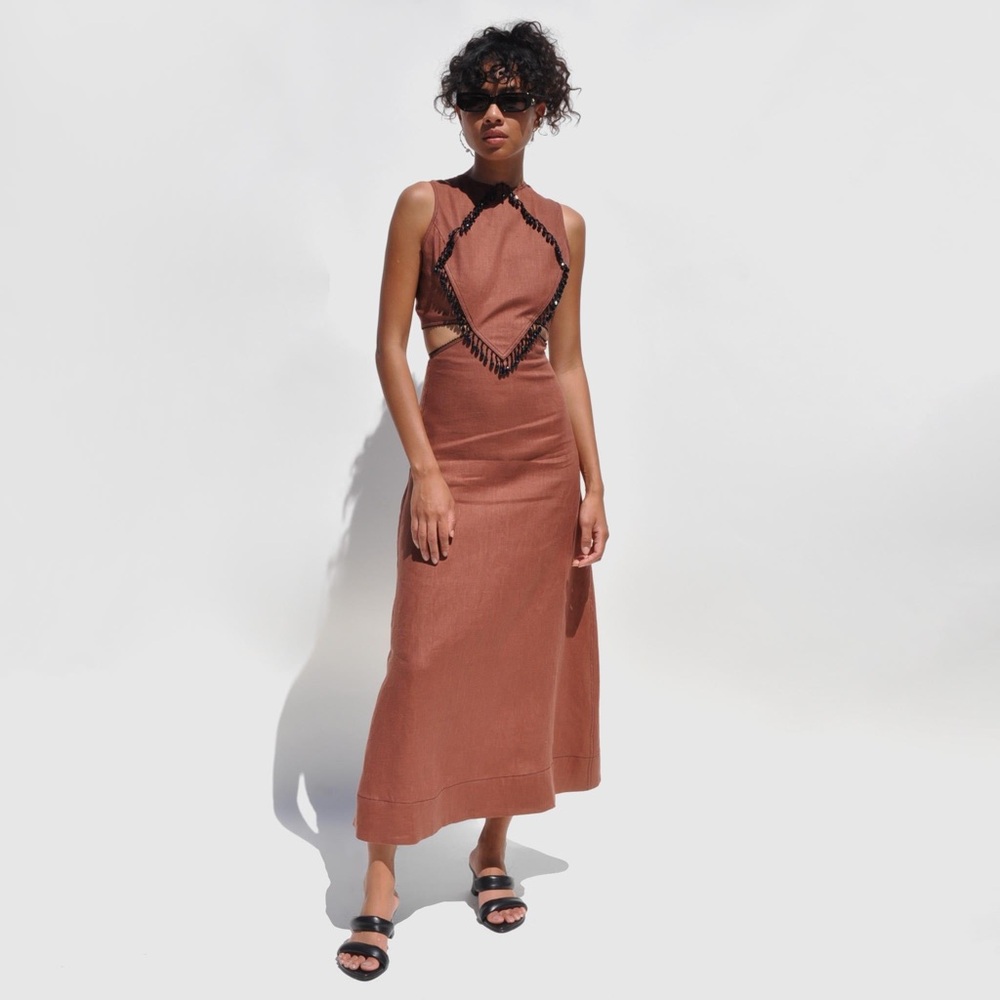 Ganni Bead-Embellished Cutout Hemp Dress